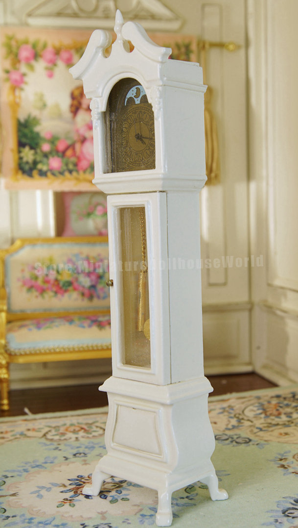 Elegant White Dollhouse Grandfather Clock 1:12 Scale, Miniature