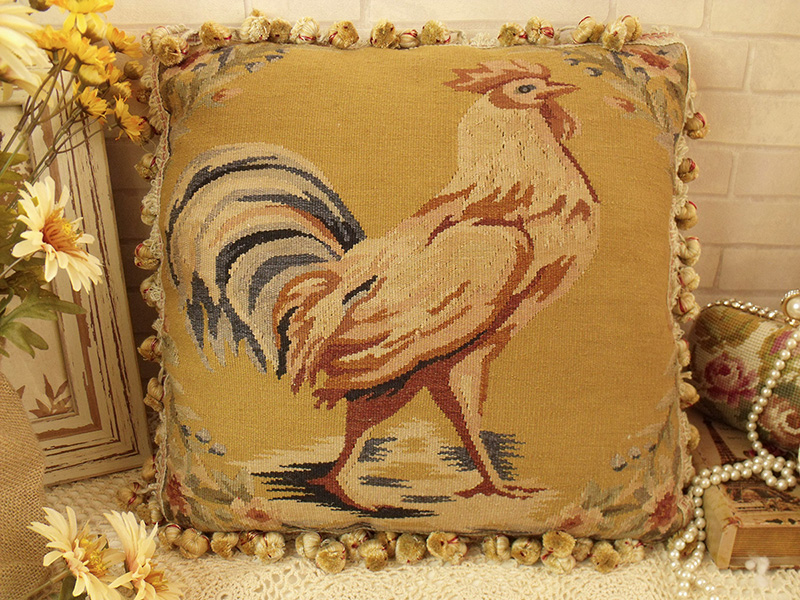 17" Retro Vintage French Aubusson Wool Throw Pillow The Country Rooster