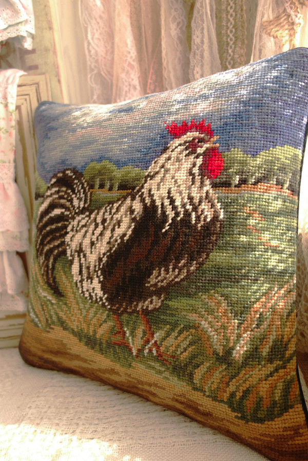 Vintage White Chickens Pillow INSERT INCLUDED French Country Farmhouse Pillows