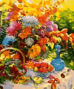 Colorful Chrysanthemums Blue Vase and Fruits in the Oil Painting Needlepoint Canvas