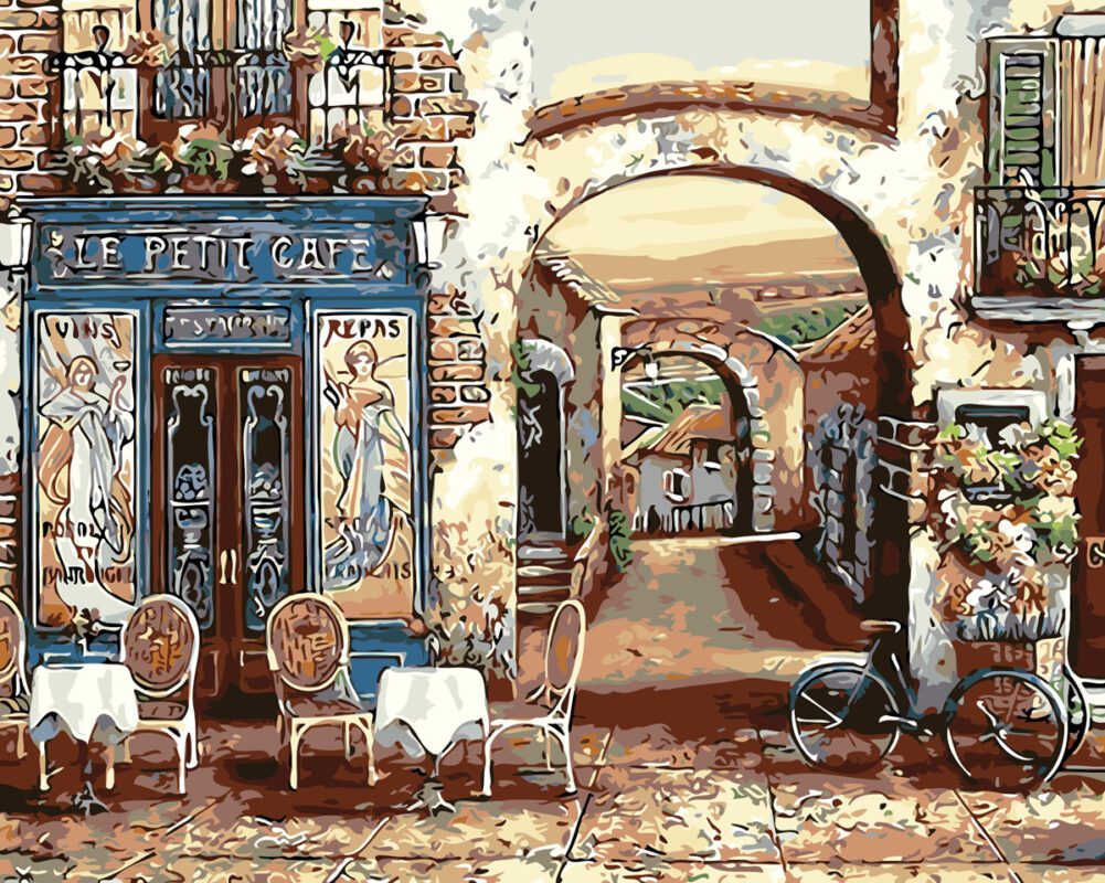 Coffee Shop in the Small Town with a Bicycle Parked Needlepoint Canvas