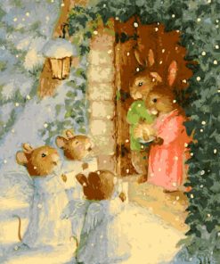 Three Angelic Mice Visiting Bunny's Home on Christmas Eve Needlepoint Canvas