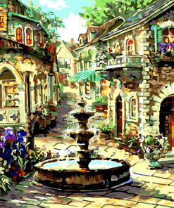 Fountain Vibrant and Enchanting Fairytale Town Needlepoint Canvas