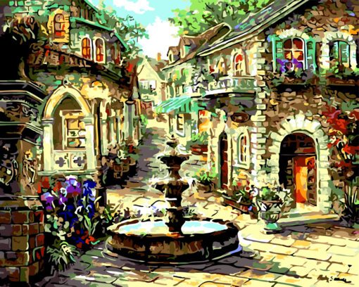 Fountain Vibrant and Enchanting Fairytale Town Needlepoint Canvas