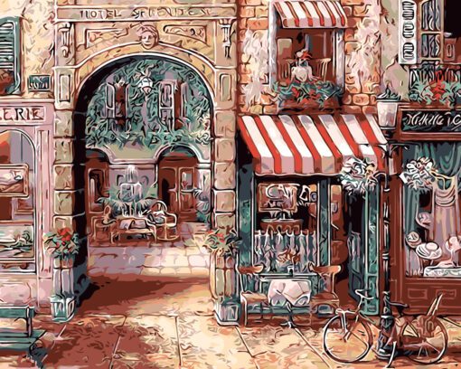 Bicycle Rests at Shopfront in a Picturesque Small Town Needlepoint Canvas