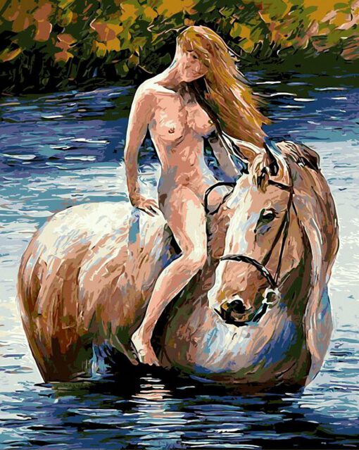 In the River Long-Haired Woman Riding a White Horse Needlepoint Canvas